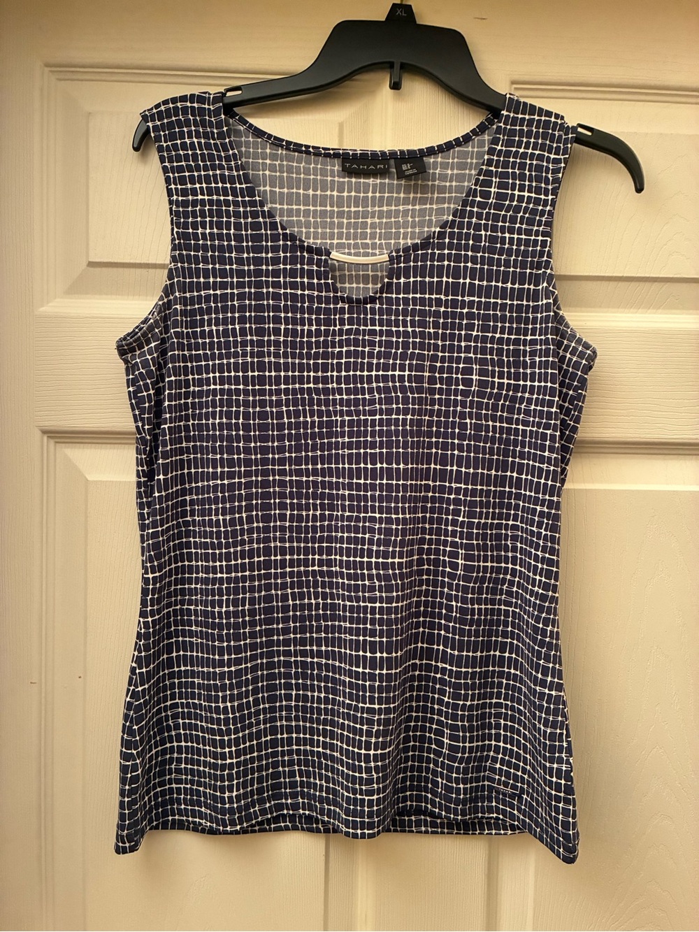 Tahari Navy and White Grid Sleeveless Tank Top